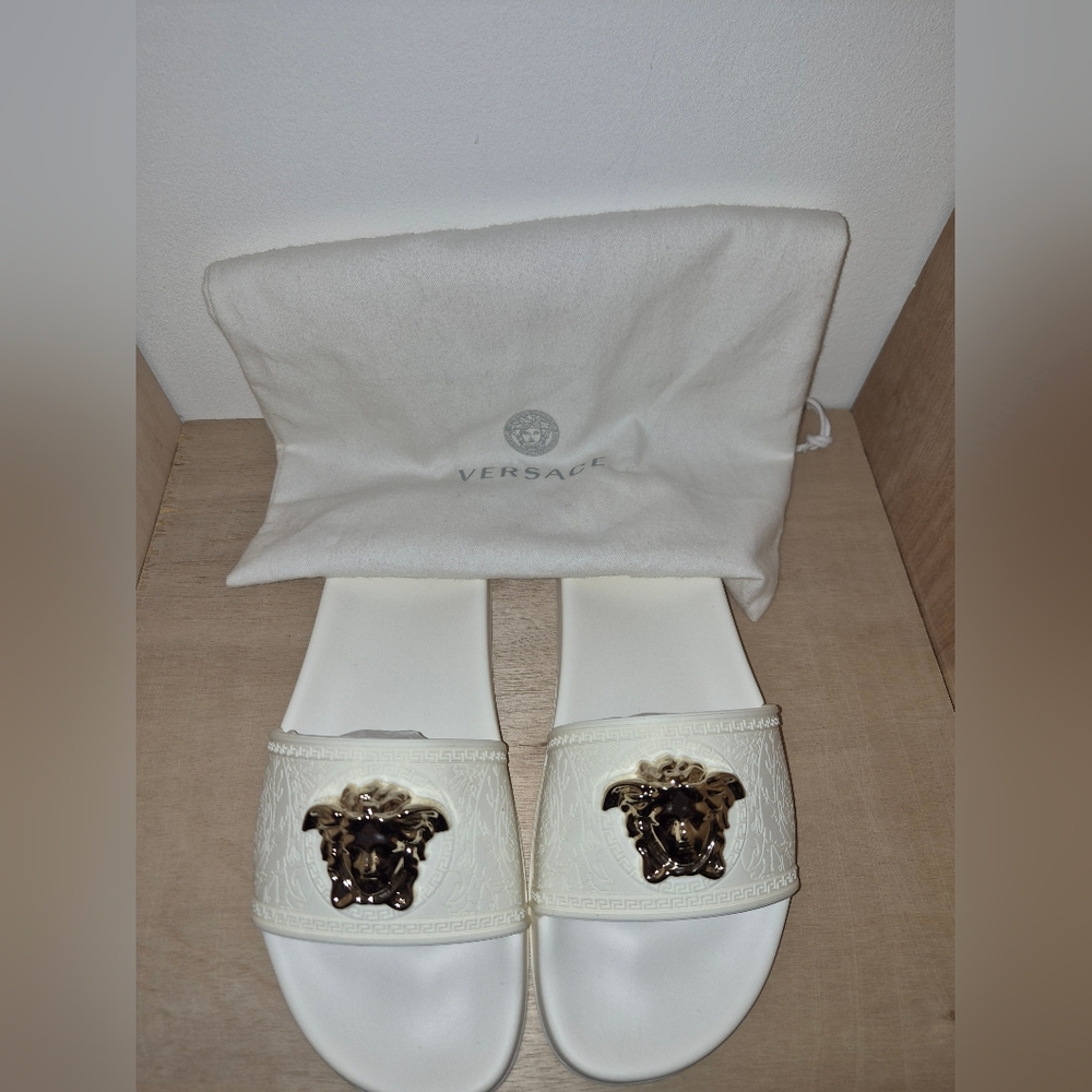 Versace White and Gold Medusa Slides